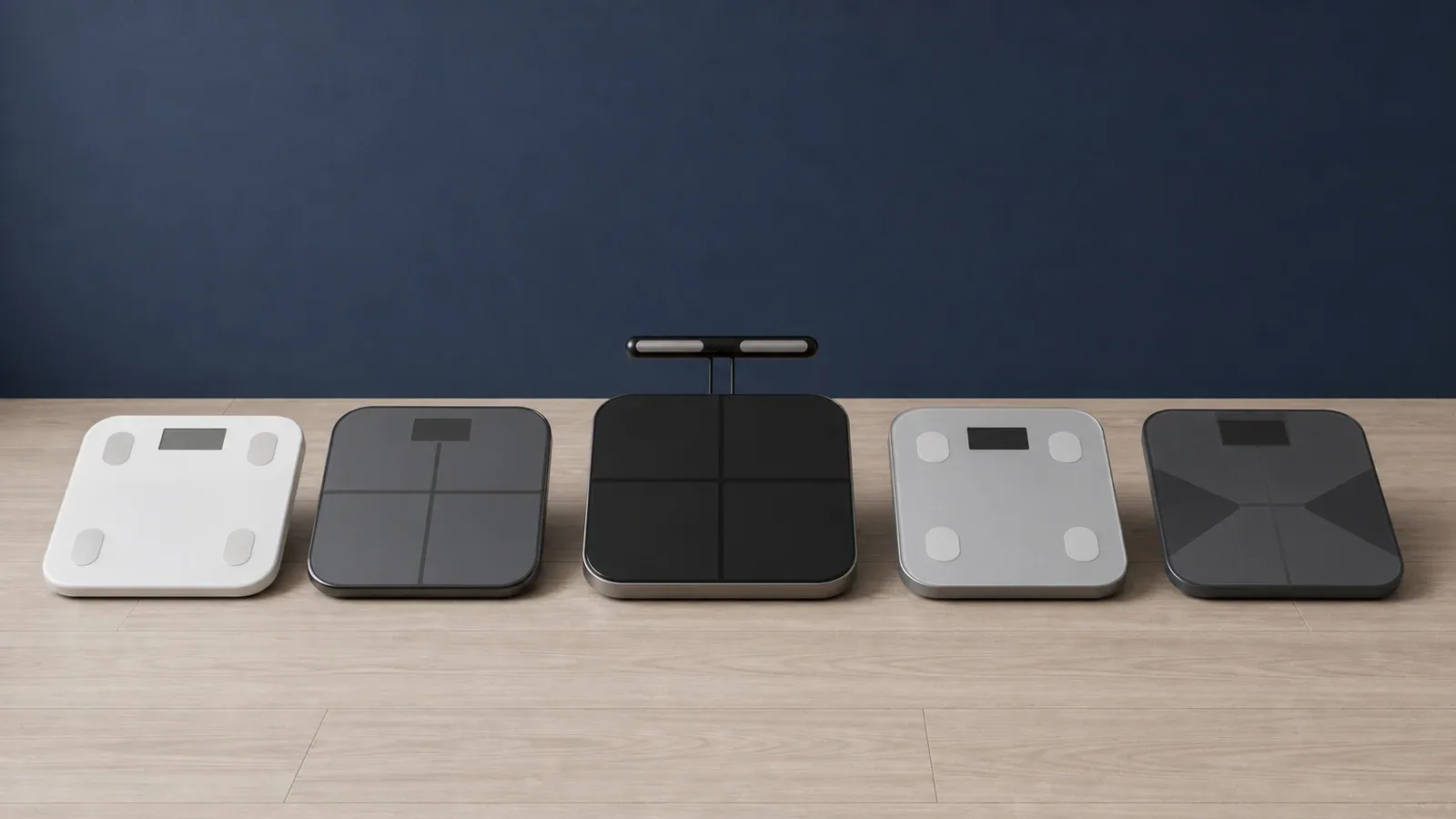 Five smart body composition scales lined up on a wood floor against a navy wall, one with a retractable handle in the center