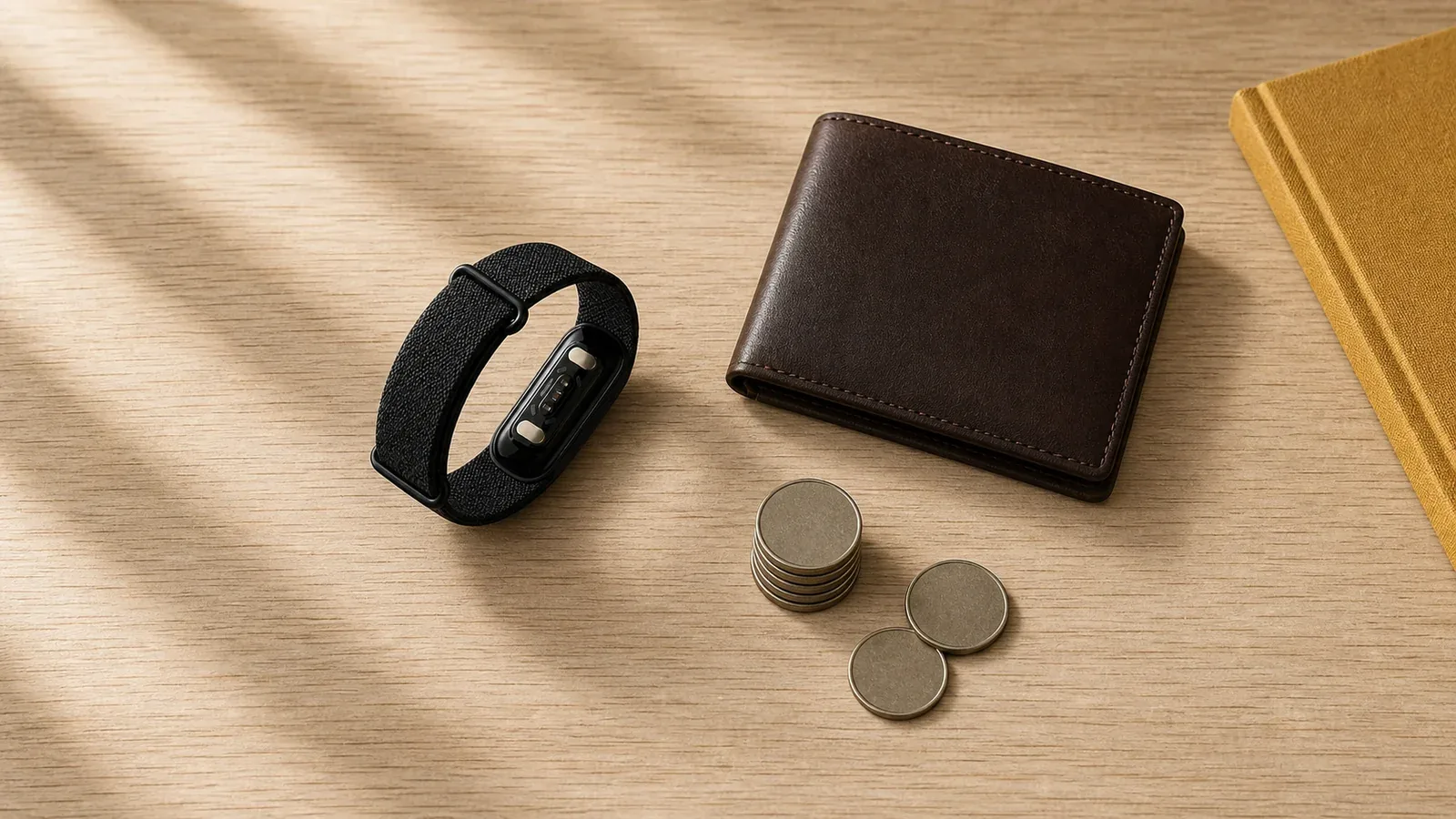 A screenless fitness band beside a leather wallet and a small stack of coins on a wooden desk
