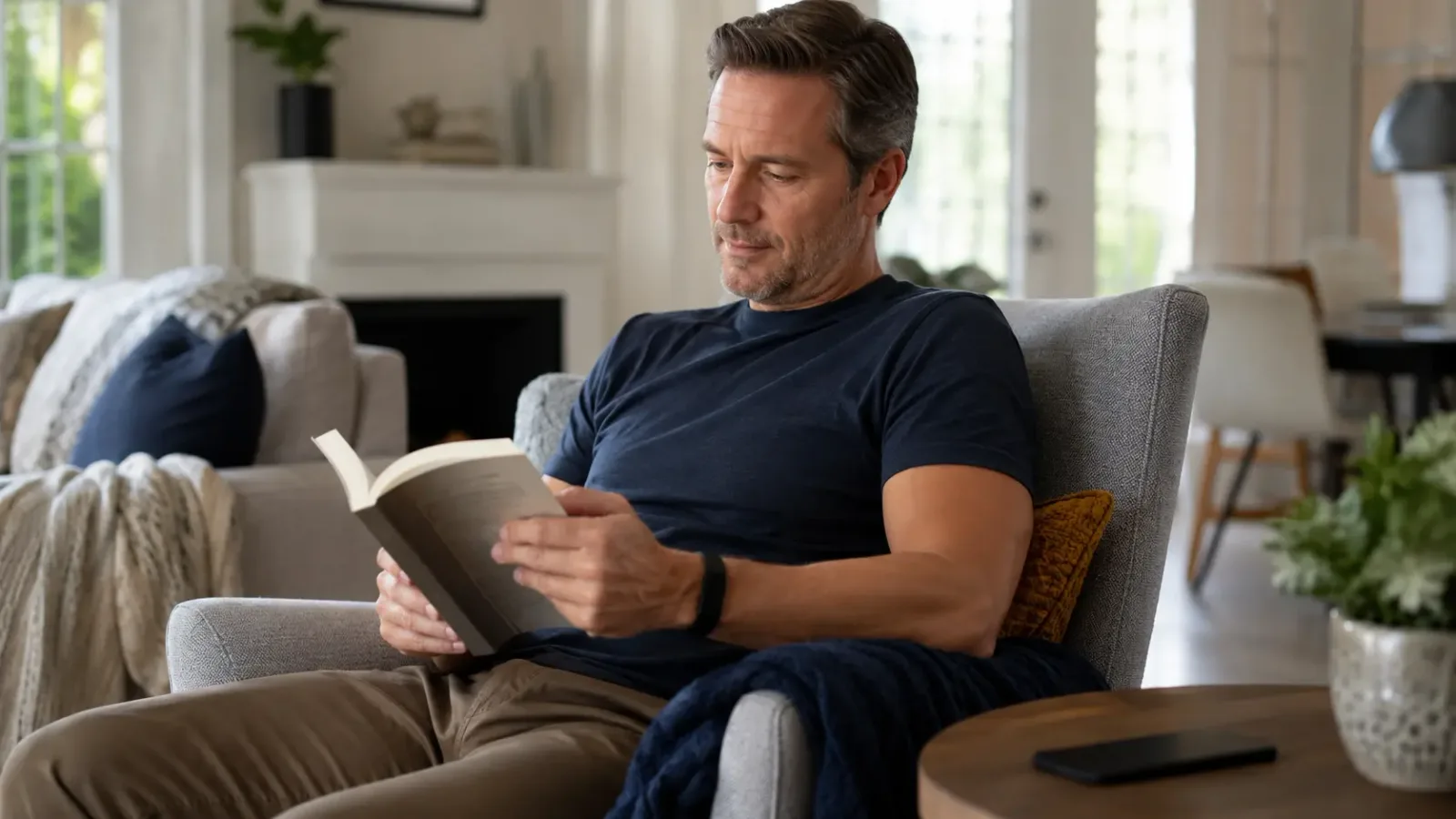 A man in his forties reading a paper book in an armchair, a screenless fitness band on his wrist and his phone lying face down on the side table