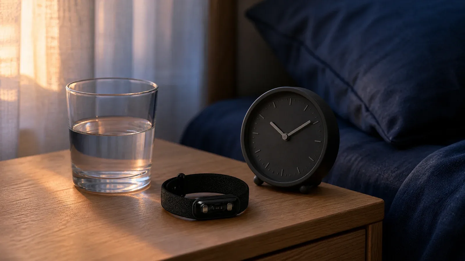 A screenless fitness band on a nightstand at dawn beside a glass of water and an analog clock