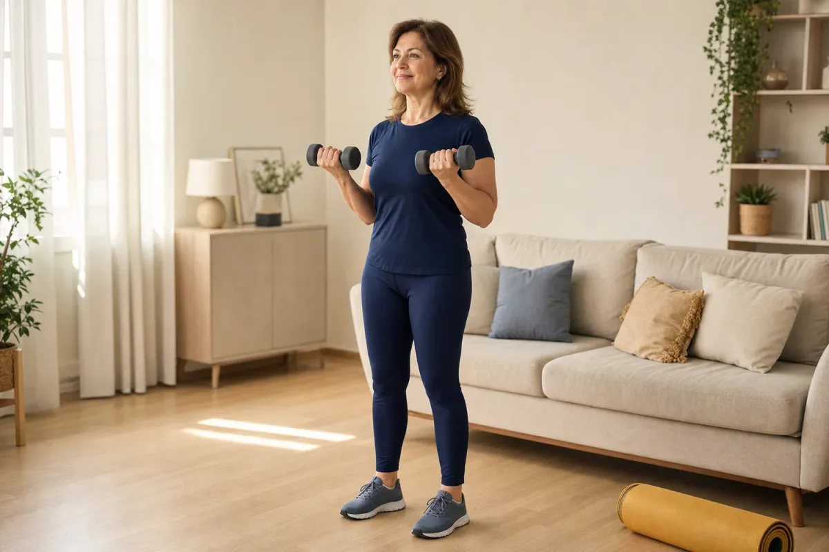 A woman in her early fifties doing light dumbbell curls in her living room beside a rolled yoga mat