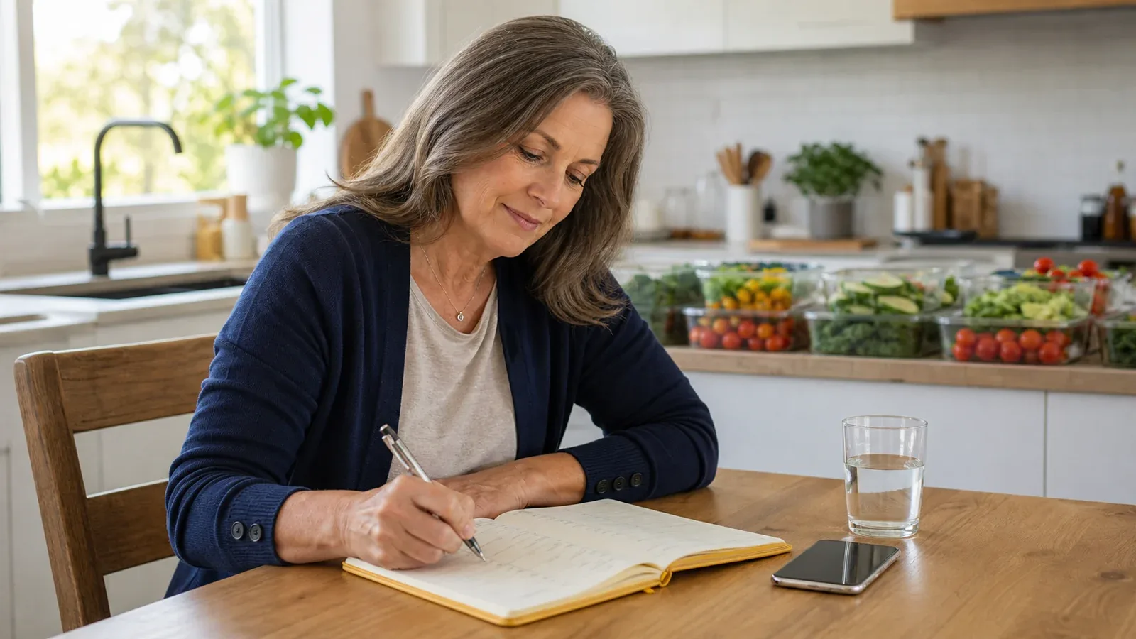 A woman in her fifties writing in a health journal at her kitchen table, with meal prep containers and a glass of water nearby