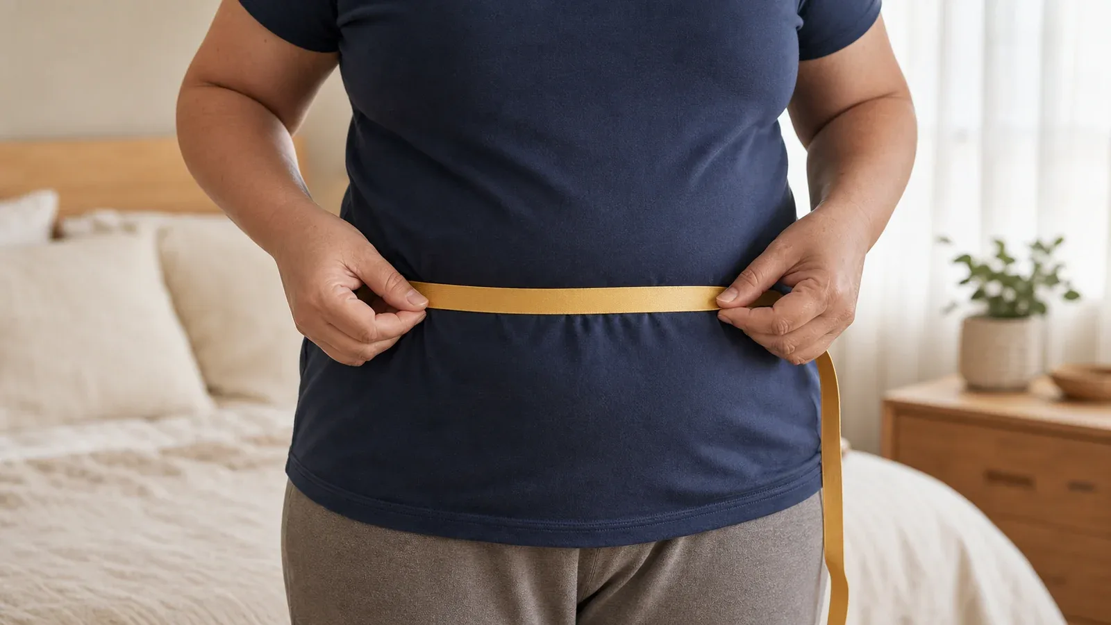 Hands holding a soft yellow measuring tape around the waist of a person in a navy t-shirt