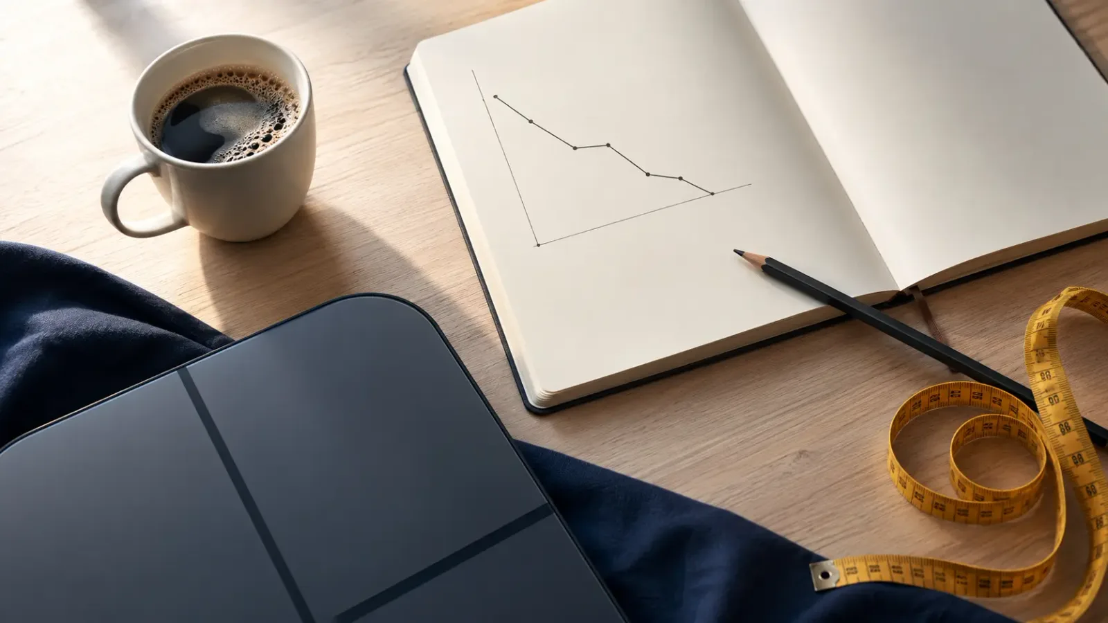 A yellow measuring tape, an open notebook with a hand-drawn falling trend line, a pencil, a coffee cup and the corner of a dark smart scale on a wood table