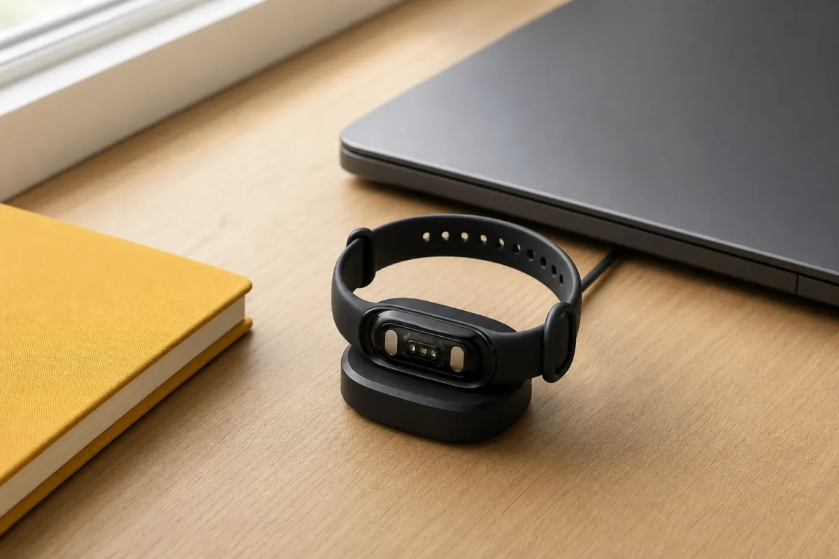 The Hume Band on its small charging dock on a desk beside a laptop and a mustard notebook