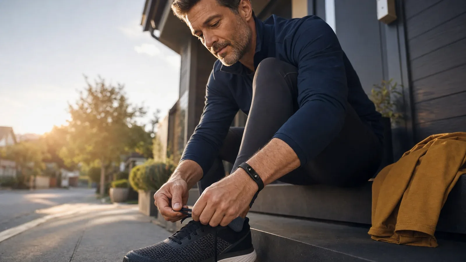 A man in his forties tying his running shoes at sunrise with the Hume Band on his wrist