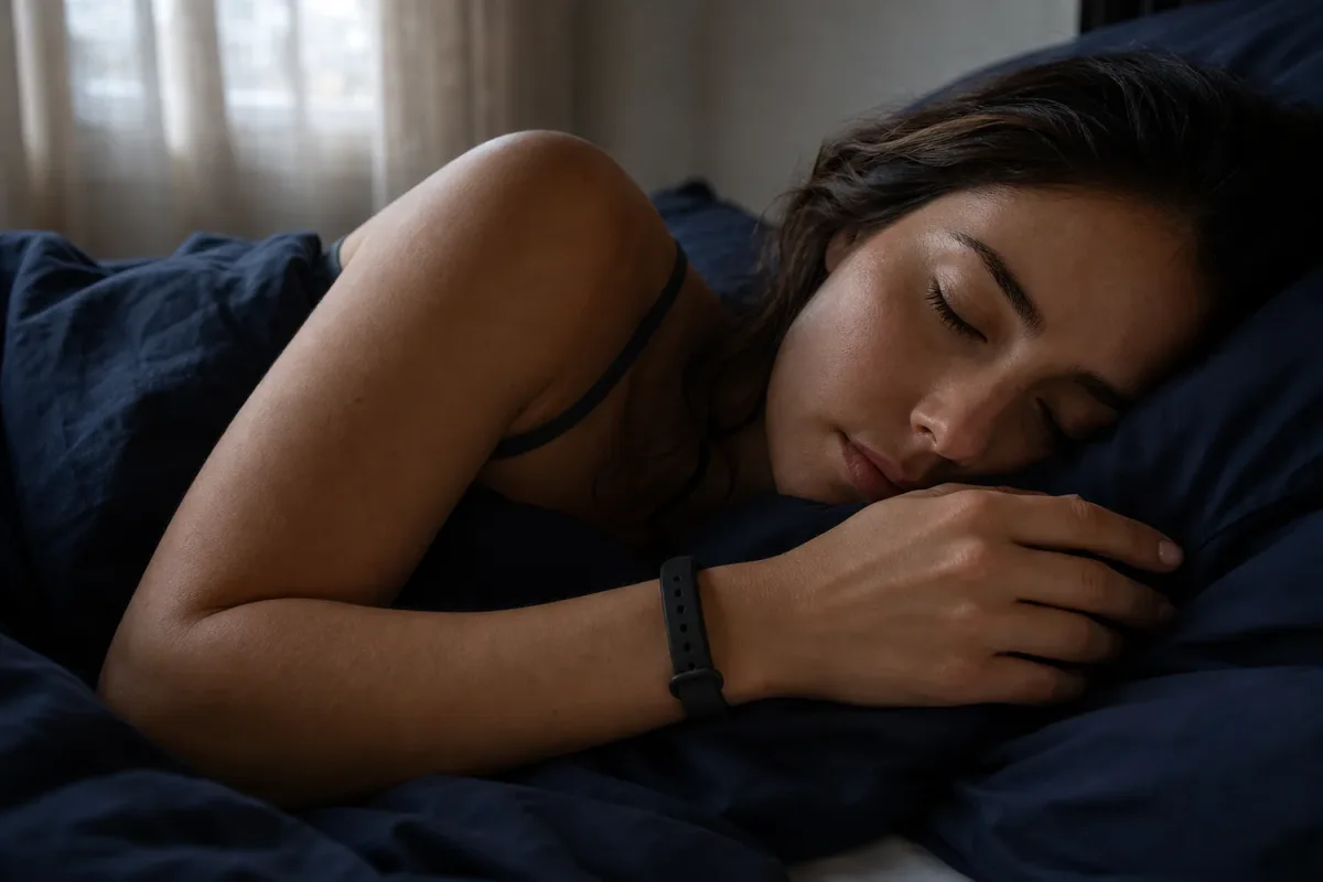A woman asleep in navy bedding wearing a slim screenless tracker band on her wrist