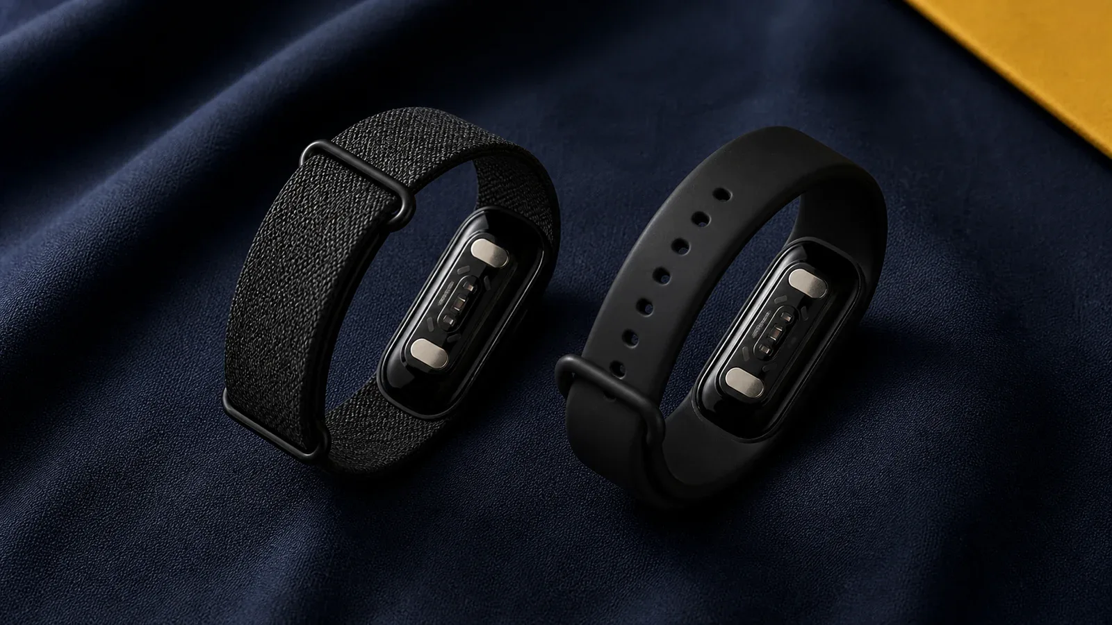 Two screenless fitness tracker bands side by side on navy fabric, one woven and one silicone