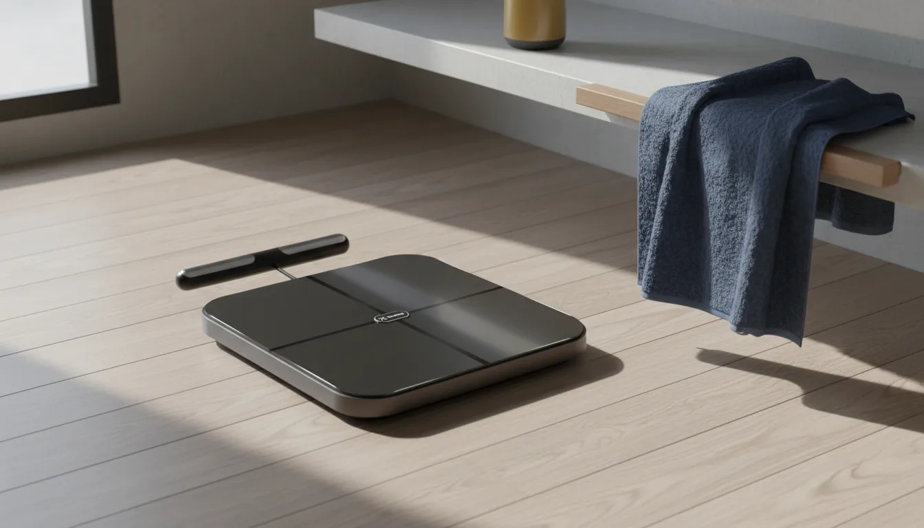 Hume Body Pod smart scale with its retractable T-shaped handle on a light wood bathroom floor, morning light