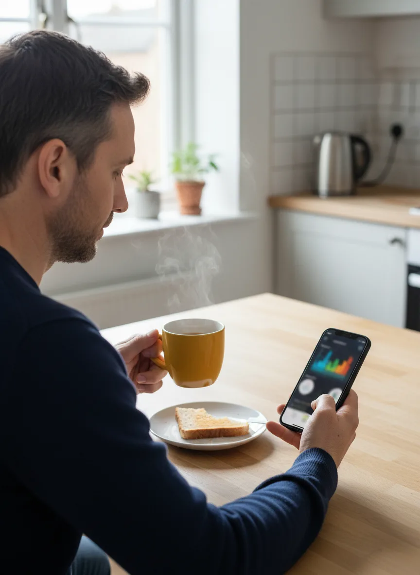 Checking body composition trends on a phone over breakfast, coffee mug in hand