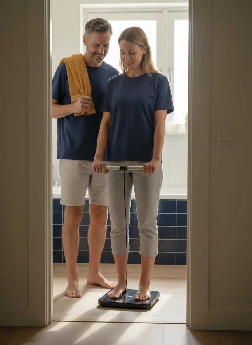 A couple in their forties in the bathroom doorway while she measures on the Hume Body Pod