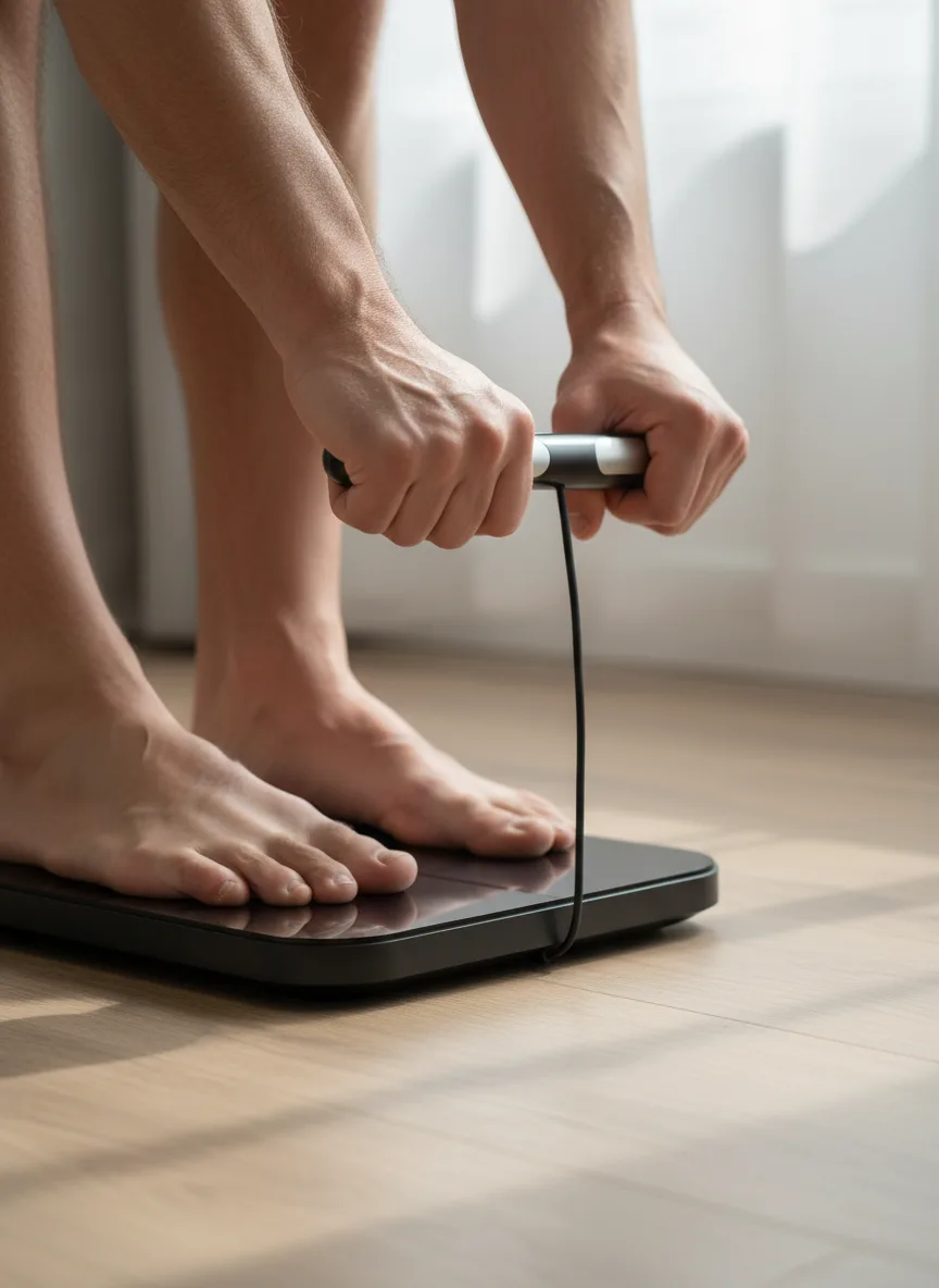 Bare feet on the Hume Body Pod while both hands hold the retractable handle during a measurement