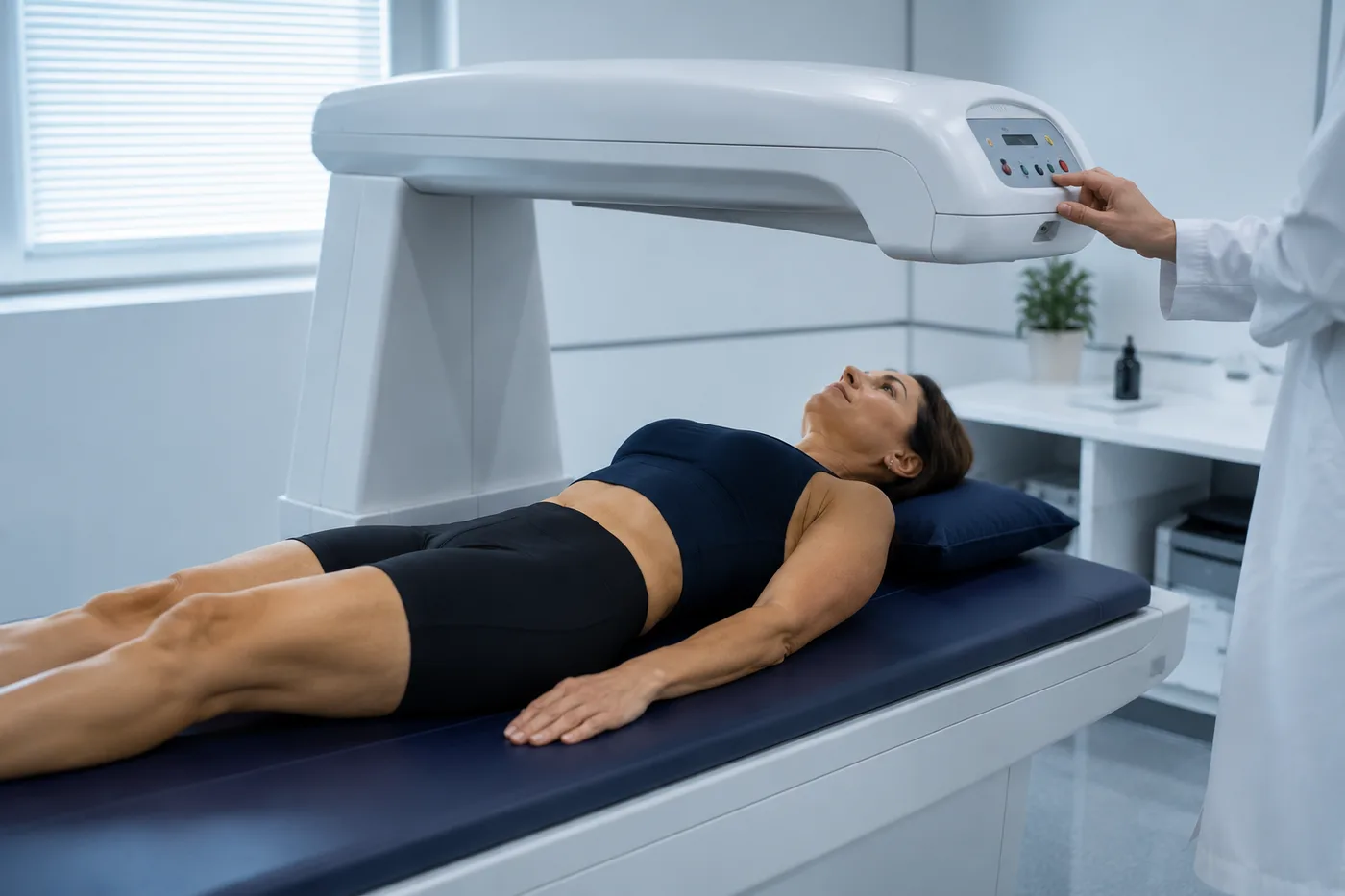 A woman lying on a DEXA body composition scanner table in a bright clinical room