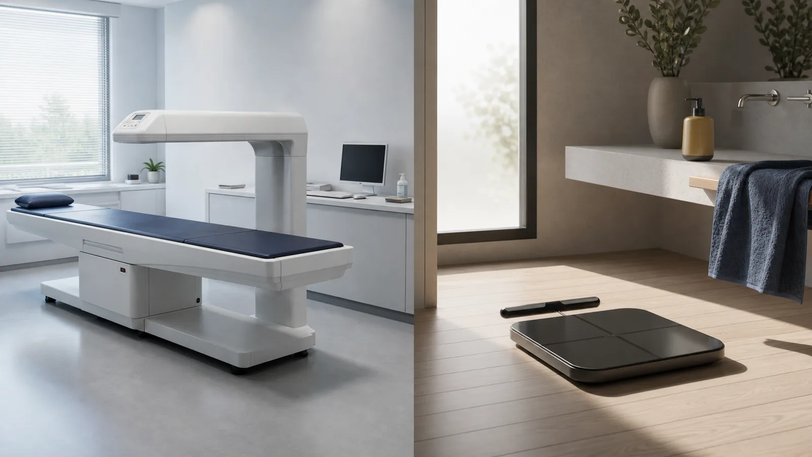 A clinical DEXA scanner room beside a home bathroom with the Hume Body Pod on the floor