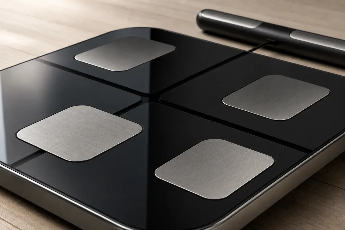 Close-up of the four metal electrode plates on a smart scale surface with the hand grip beside it