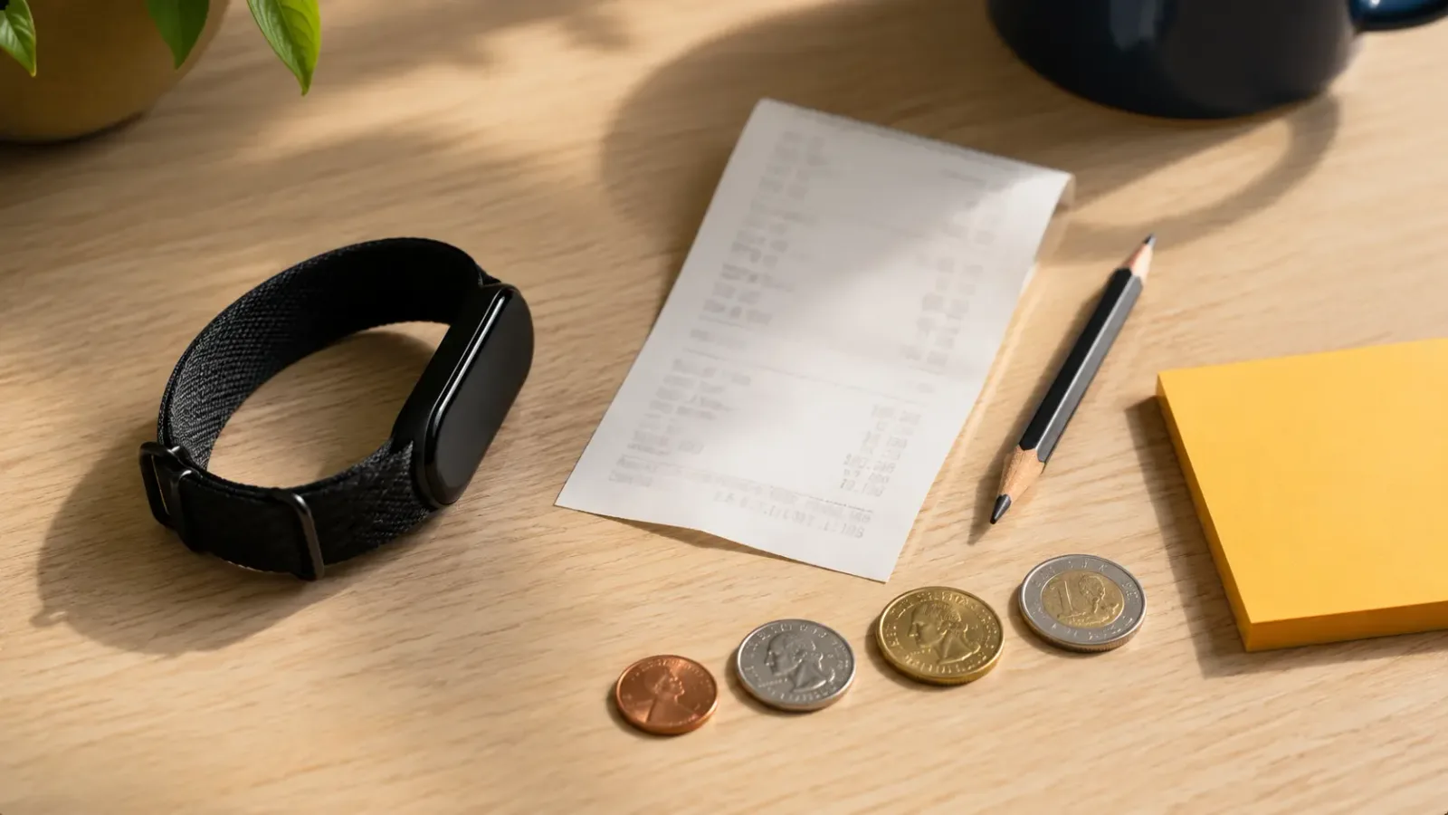 A screenless fitness band beside a paper receipt, a pencil and a neat row of coins on a light wood desk