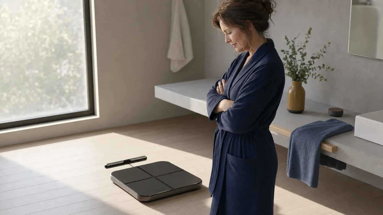 A woman in a navy robe standing in her bathroom, arms crossed, looking down thoughtfully at the Hume Body Pod