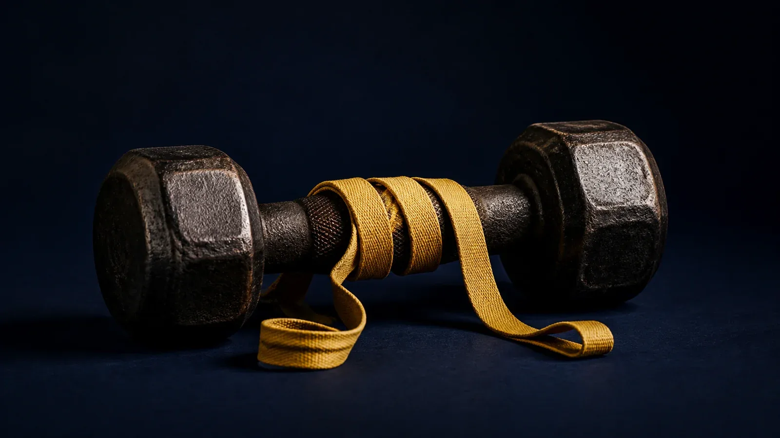 A cast-iron dumbbell with a yellow measuring tape wrapped around its handle on a navy background