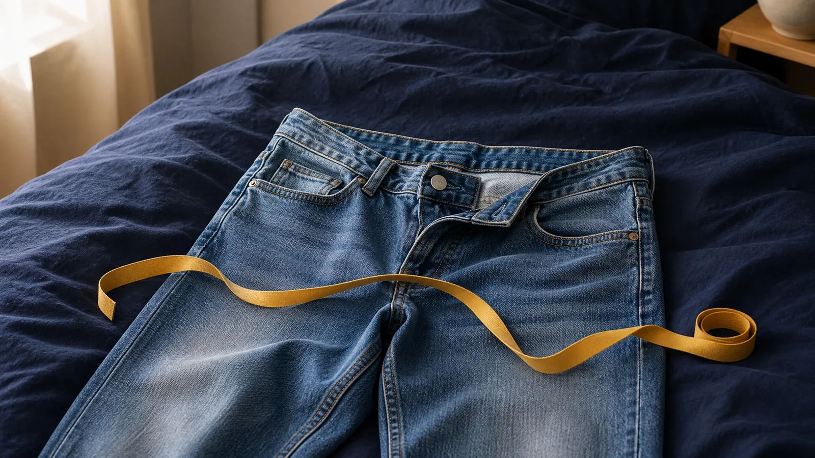 A pair of jeans laid flat on navy bedding with a yellow measuring tape curled across them